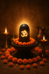 Glowing shiva lingam mahadev adorned with marigolds and lit diyas a sacred symbol of devotion perfect for sawan pooja and spiritual offerings