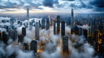 Obraz premium Aerial view of city skyline shrouded clouds, showcasing towering skyscrapers and dramatic