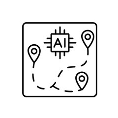 A vector icon of a route on a digital map with AI chip, representing smart route planning with artificial intelligence, created in line style with editable stroke