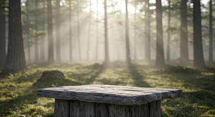 Wooden table in misty forest