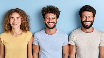 Fototapeta premium Smiling individuals with curly hair and joyful expressions against blue background