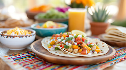 Fototapeta premium Delicious tacos with fresh salsa, accompanied by colorful garnishes and refreshing drinks, evoking a festive dining experience.