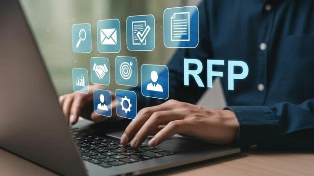 Person typing on laptop with rfp text and various business icons floating above the keyboard area