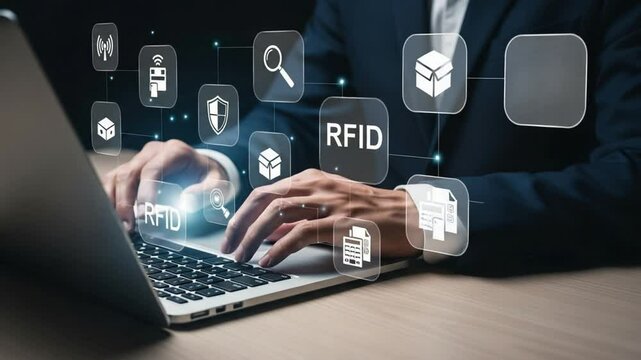 A person typing on a laptop with rfid and security icons floating above the keyboard area view