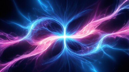 Stunning digital artwork featuring a symmetrical explosion of energy streams in vibrant blue and pink hues.