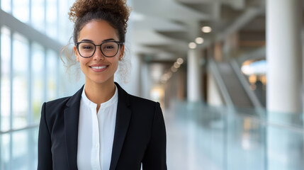 Confident female professional smiling in modern office corridor with glass walls