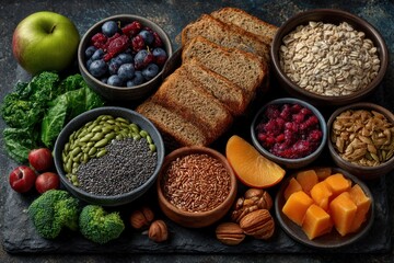 Healthy food variety on dark stone