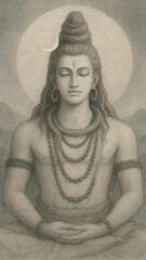 Traditional shiva mahadev meditating in grayscale with crescent moon a timeless representation of peace and asceticism perfect for sawan spiritual reflection