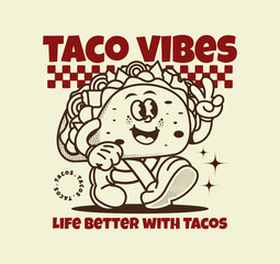 Retro taco cartoon character illustration. Cute, fun, and colorful mascot design perfect for t-shirt, sticker, poster, streetwear, and fast food themed project