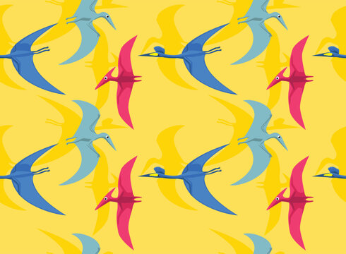 Flying Dinosaur Pterosaurs Summer Set Cartoon Yellow Seamless Pattern Background Wallpaper