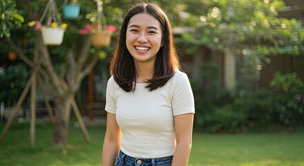 Young woman smiling in garden