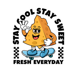 Retro cheese cartoon character riding a skateboard, perfect for t shirt design, sticker, apparel, streetwear, and food theme illustration