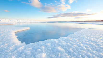 Obraz premium Serene icy landscape showcasing a tranquil water body surrounded by snow under a clear blue sky, ideal for nature lovers.
