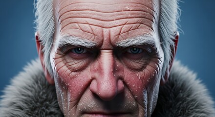 Intense close-up portrait of a weathered elderly man with white hair, deep wrinkles, and a fierce, determined gaze.