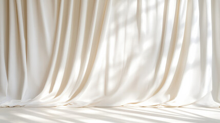 Soft white curtain drapes gently, creating serene atmosphere with light shadows