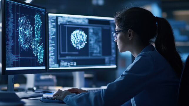 Concentrated female scientist working on medical research in laboratory