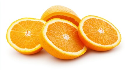 Fototapeta premium Four juicy orange slices and a half orange, isolated on white background.