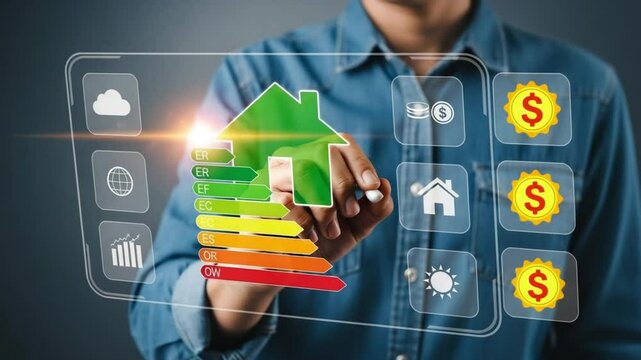 Person interacting with a digital interface showing energy efficiency ratings and house icons