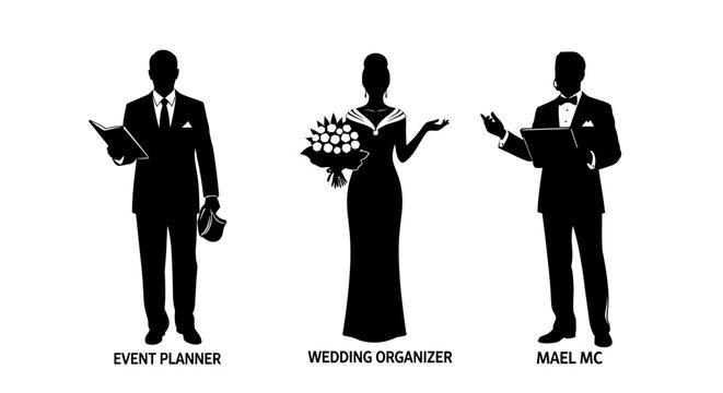 Elegant Wedding & Event Planning Professionals Silhouettes of Planner, Bride, and Master of Ceremonies - Powered by Adobe