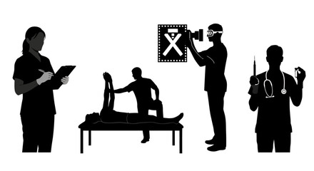 Medical Professionals Conducting X-Ray Procedures in Healthcare Facility Silhouettes
