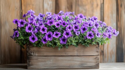 Fototapeta premium Vibrant purple flowers in a rustic wooden box against a wood background.