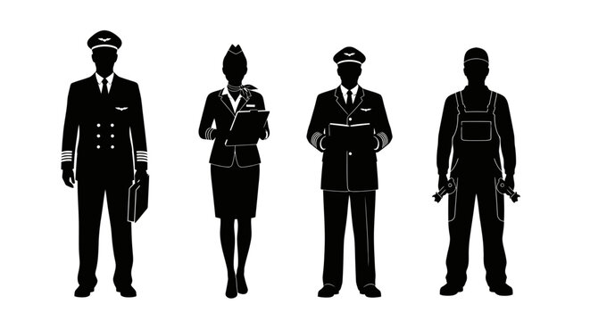 Airline Crew and Maintenance Professionals Pilots, Flight Attendant, and Mechanic Silhouettes