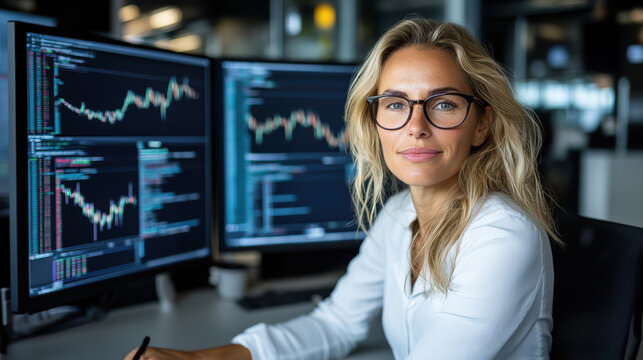 Professional woman trading cryptocurrency digital workspace financial analysis