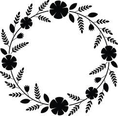 Black Floral Wreath with Flowers and Leaves on White Background