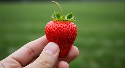 Freshly Picked Strawberry A Vibrant Red Jewel Held in Hand Against a Lush Green Field Background