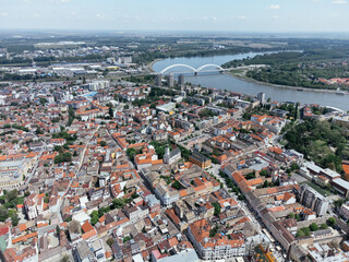 Drone flight above the downtown and central square of Novi Sad city, Serbia.
