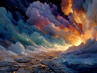 An abstract vision of the sun vanishing leaving earth crumbling into fragments floating in colorful cosmic clouds