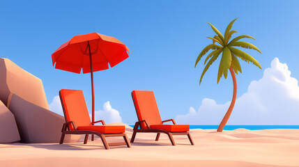 Idyllic Beach Scene Two Orange Lounge Chairs Under a Red Umbrella with Palm Tree