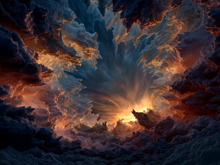 An abstract vision of the sun vanishing leaving earth crumbling into fragments floating in colorful cosmic clouds
