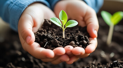 Young child holds a small seedling with vibrant green leaves and rich dark soil, symbolizing new beginnings and environmental awareness.