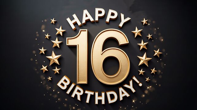 Happy 16 birthday celebration with golden text stars and festive design

 - Powered by Adobe