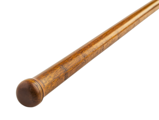 A single wooden pool cue leaning at a slight angle tip on white background 