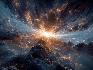 An abstract vision of the sun vanishing leaving earth crumbling into fragments floating in colorful cosmic clouds