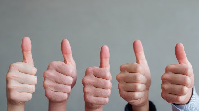 Five hands showing thumbs up gestures, symbolizing approval and positivity against a neutral background. - Powered by Adobe