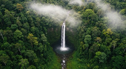 Aerial view of a majestic waterfall cascading into a lush green jungle surrounded by misty clouds