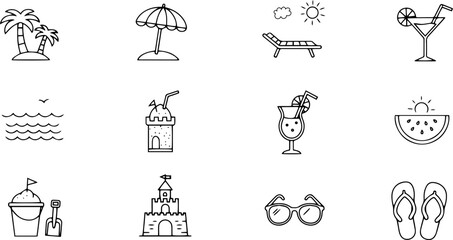 Summer vacation icons with sun, drinks, beach elements, and ocean  