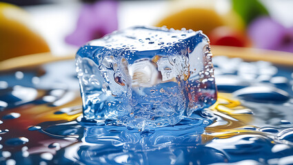 Refreshing ice cube reflects light and colors, a macro studio shot evoking coolness and hydration on a vibrant surface.