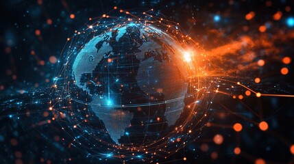 Obraz premium A glowing digital globe with interconnected data lines flowing across continents