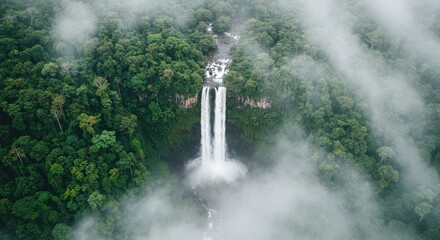 Aerial view of a majestic waterfall cascading through lush green rainforest surrounded by mist