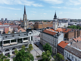 Obraz premium Drone flight above the downtown and central square of Novi Sad city, Serbia.