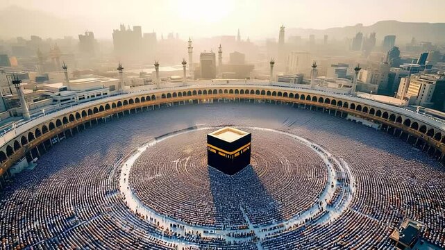 Aerial View of Crowds at the Sacred Kaaba during Pilgrimage at Sunrise in Mecca