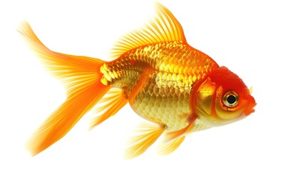 Fototapeta premium A goldfish is isolated on a clean white background, creating a simple yet captivating aquatic - related scene that showcases the vibrant color and graceful form of the goldfish.