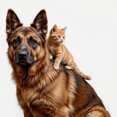 A heartwarming scene depicts a large, friendly German Shepherd with a tiny ginger kitten perched comfortably on its back against a clean, bright white background.