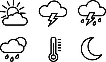 Obraz premium Weather Icons Set Sun Cloud Lightning Rain Thermometer Crescent Moon