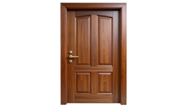 The image shows a classic, six-paneled, solid wood door in a rich brown finish against a white isolated on transparent background form