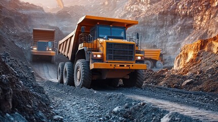 Heavy equipment transporting construction materials, dump trucks loaded with gravel, site logistics, organized supply movement, large active construction zone, development area